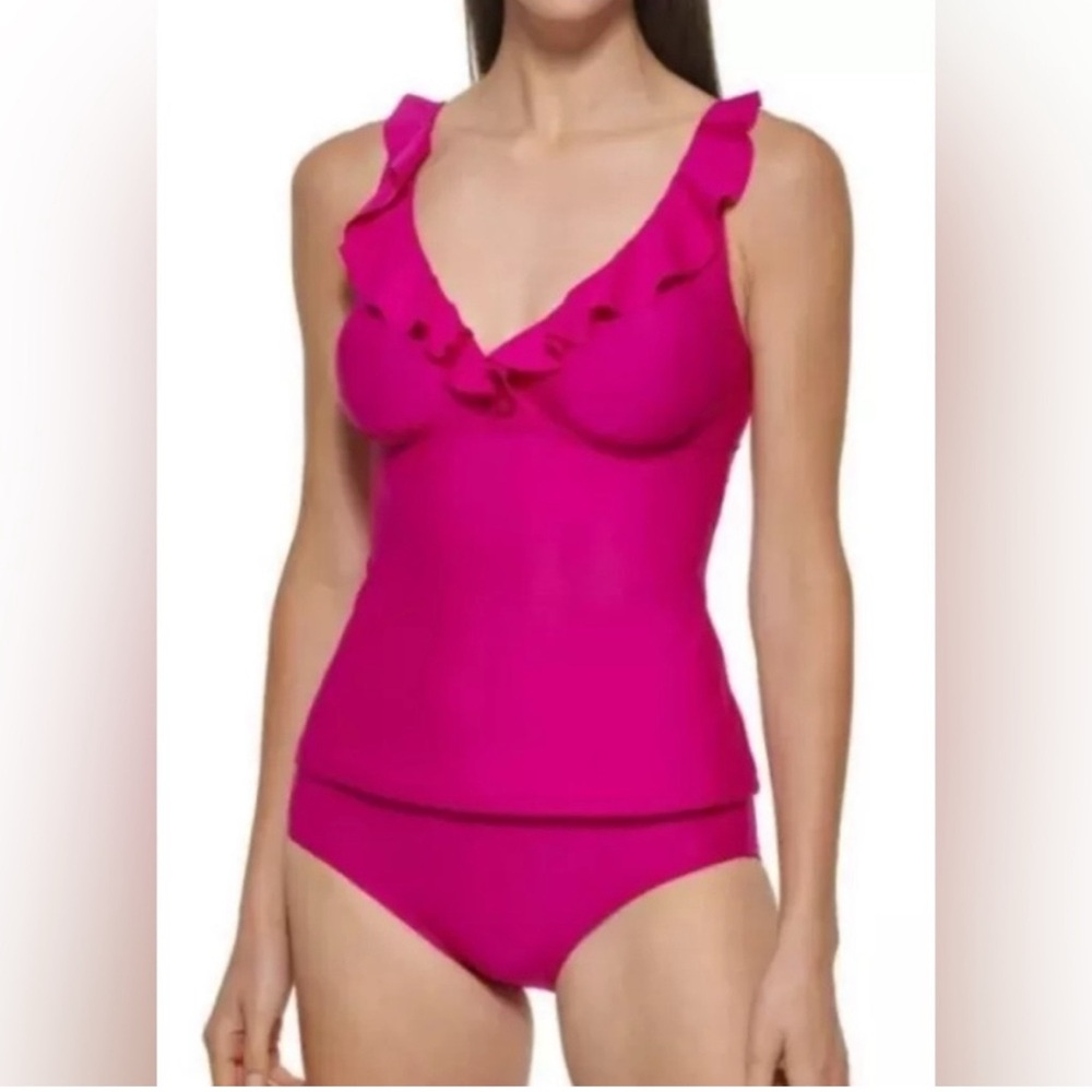 DKNY Women's 2 Piece Ruffled Tankini Swimsuit Bathing Suit Pink Size XXL